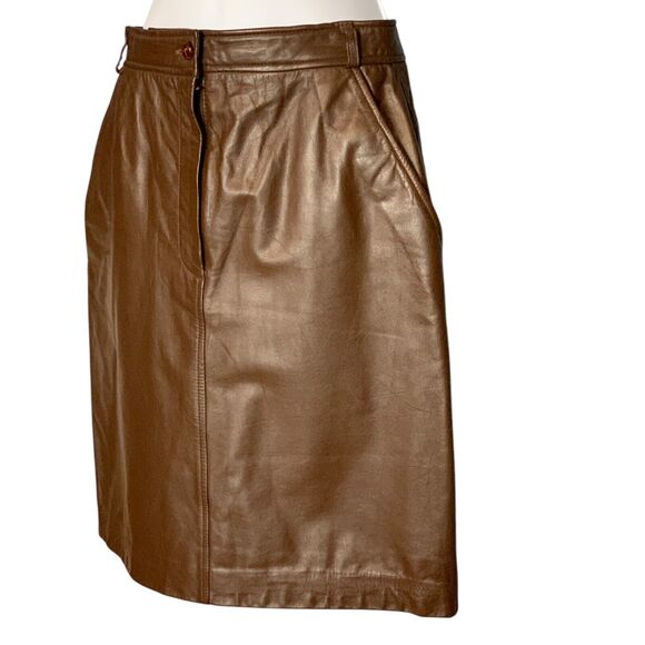 Vintage 80s Brown Leather Skirt Size 8 Zip Up Pockets Straight Lined Knee Length - Picture 8 of 9